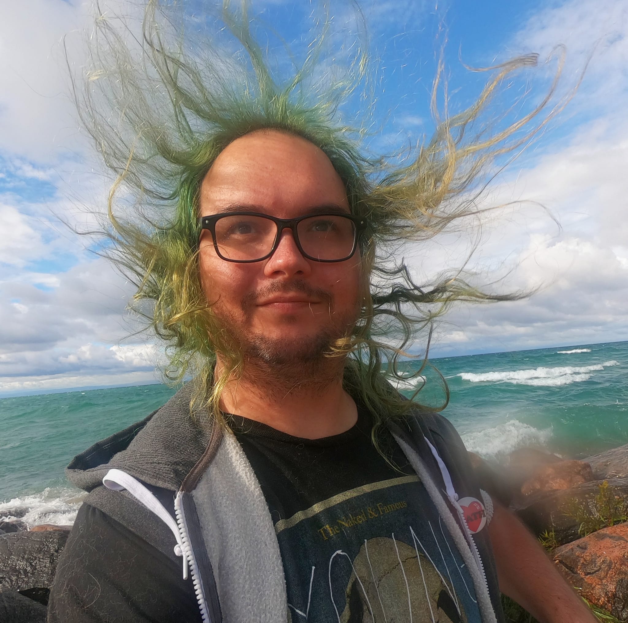 A man with long green hair wearing a hooded sweater vest stands at a breakwater, hair blowing in the wind, Photo 4